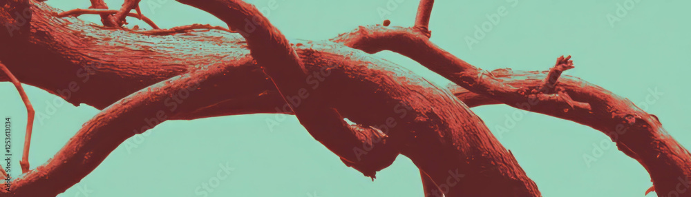 Poster vine intertwines with a tree trunk showcasing halftone texture against a grunge background