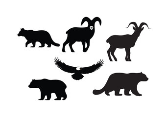 A crisp, clean silhouette vector illustration showcasing mountain animals mountain goat, bighorn sheep, lynx, marmot, eagle, pica, snow leopard, and grizzly bear.