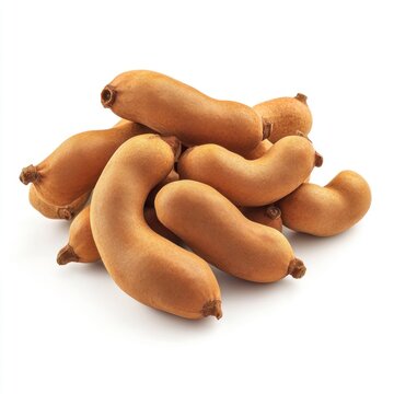 A cluster of sweet tamarinds with natural texture and realistic details, showing their curved shape and light brown shells, isolated on a plain white background 