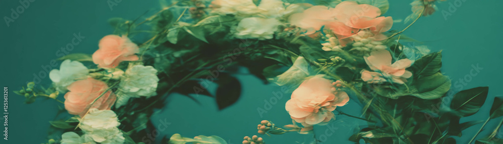 Poster wreath of flowers and leaves with halftone texture on a grunge background