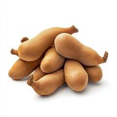 A cluster of sweet tamarinds with natural texture and realistic details, showing their curved shape and light brown shells, isolated on a plain white background 