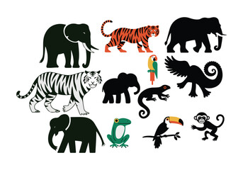 A bold, minimalist silhouette vector showing eight jungle animals. There's a tiger, orangutan, elephant, parrot, anaconda, tree frog, toucan, and capuchin monkey animal