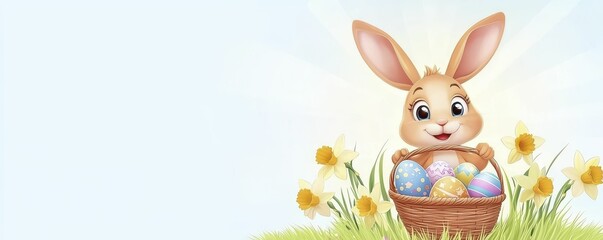 Fototapeta premium Cute Easter Bunny With Basket Of Colorful Eggs