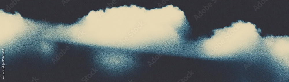 Poster cloud formations with varied textures and shapes, showcasing a halftone effect in the sky