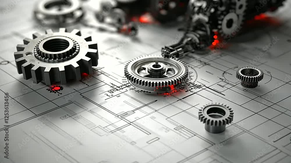 Poster a sprawling technical drawing of a complex mechanical system, with gears, levers, and rotational ele