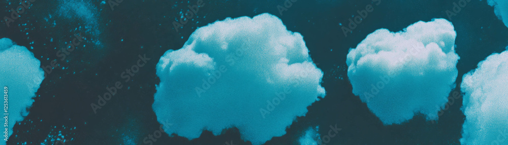 Poster halftone texture showcasing diverse cloud formations in a grunge style background