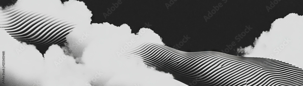Poster halftone texture reveals dynamic cloud formations with varied shapes and densities