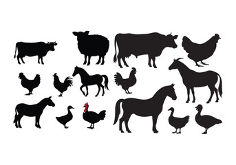 Obraz premium A simple, clean silhouette vector illustration featuring classic farm animals a cow, a pig, a sheep, a chicken, a horse, a goat, a duck, and a turkey. Each animal is arranged