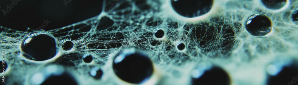 Poster Dew drops glisten on delicate spider web threads in a halftone texture
