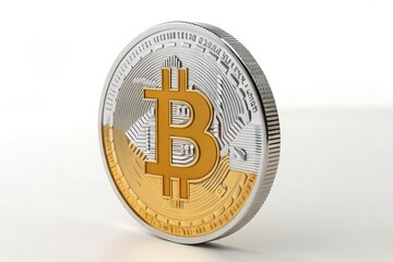 Close-Up of Detailed Bitcoin Coins in Shimmering Gold and Platinum Finishes on a White Background, Ideal for Representing Cryptocurrency Themes, Digital Investment, and Modern Finance Concepts