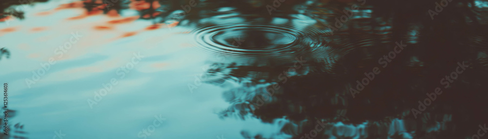 Poster Reflections of trees create abstract patterns in still water with a halftone texture