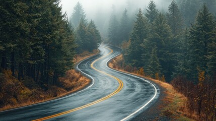 Fototapeta premium Winding road through misty forest, autumn drive
