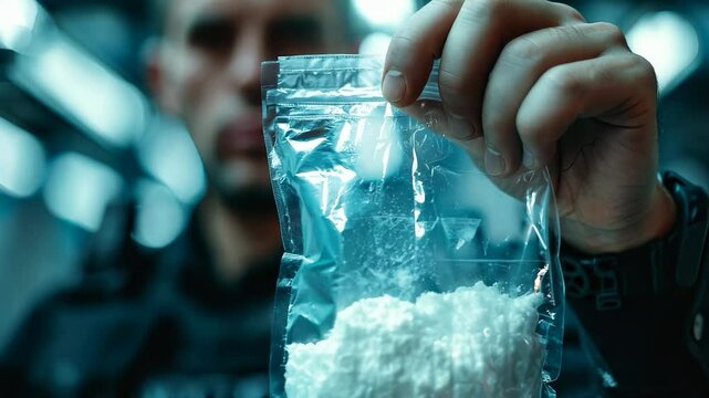 A police officer holding a clear bag of confiscated white powder, representing law enforcement, drug control, and crime prevention efforts