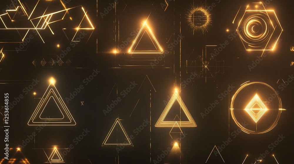 Aufkleber abstract geometric patterns of glowing golden lines and triangles on dark background