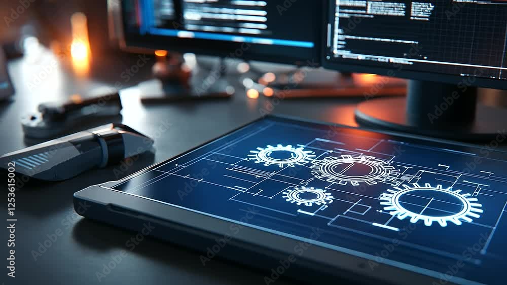 Poster a high-tech workspace featuring a holographic interface with floating gear schematics above a tradit