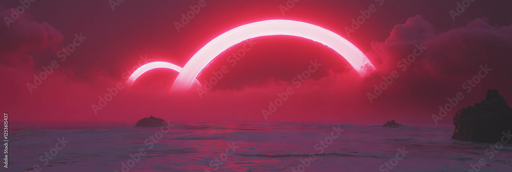 Poster crimson arcs illuminate the tranquil ocean at twilight amidst ethereal clouds