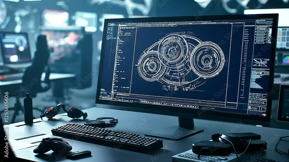 Fototapete a high-tech mechanical engineering studio where a blueprint of interlocking gears is displayed along