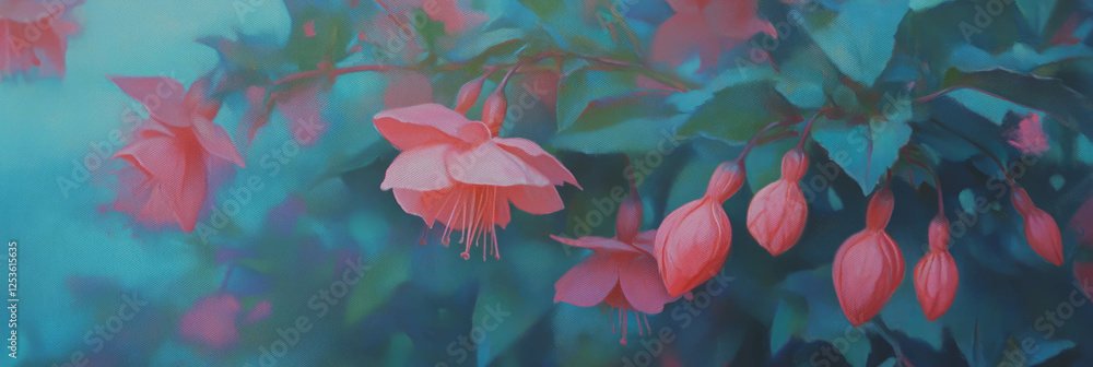 Poster fuchsia blooms showcasing vibrant colors in a lush garden setting during late spring