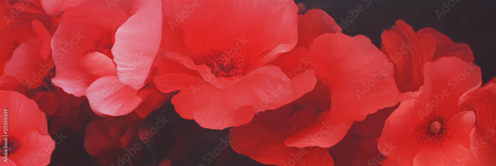 Poster Vibrant ruby flowers in full bloom against a dark background creating a stunning visual display