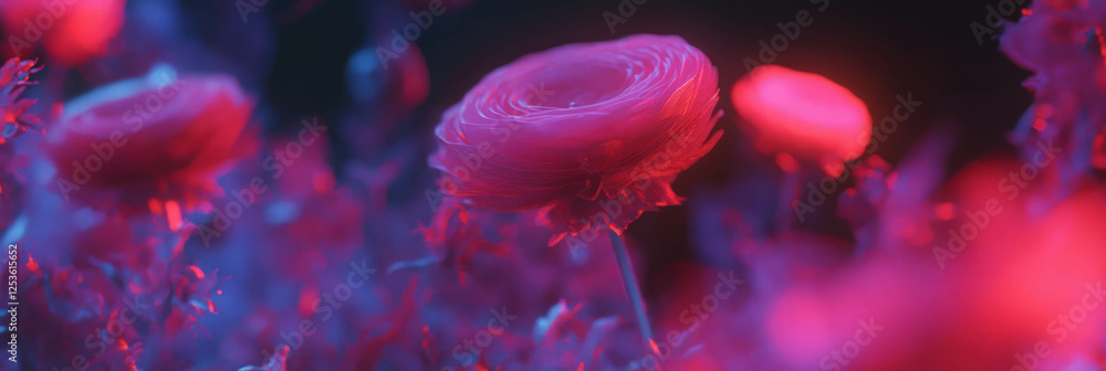 Poster ruby flowers bloom under soft lighting, creating a vibrant and captivating atmosphere