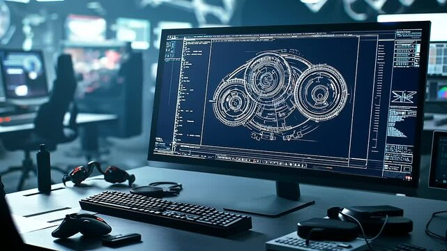 A high-tech mechanical engineering studio where a blueprint of interlocking gears is displayed alongside a D-printed prototype