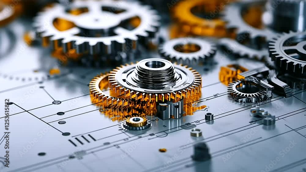 Poster a close-up of a printed technical drawing featuring an exploded view of a mechanical gear assembly, 