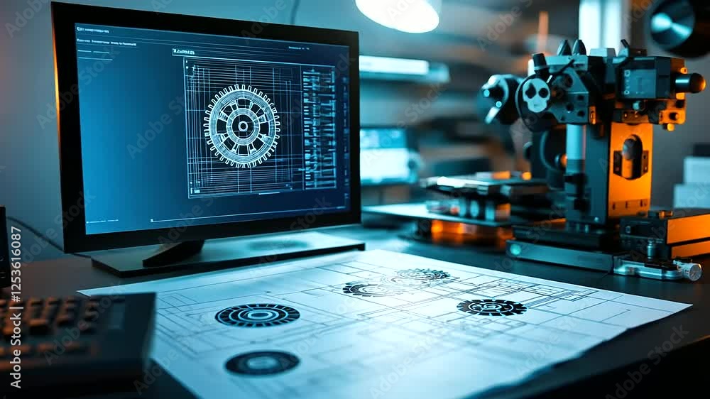 Poster a high-tech mechanical engineering studio where a blueprint of interlocking gears is displayed along