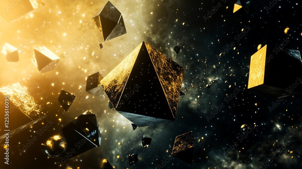Poster abstract geometric forms floating in a golden and dark starry space environment