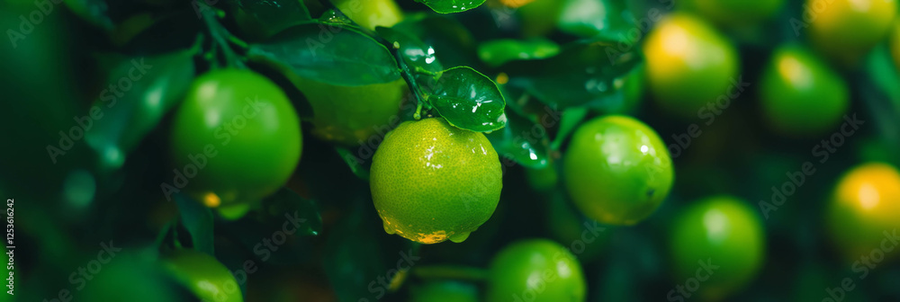 Poster close-up view of vibrant citrus fruits with juicy pulp and fresh greenery background