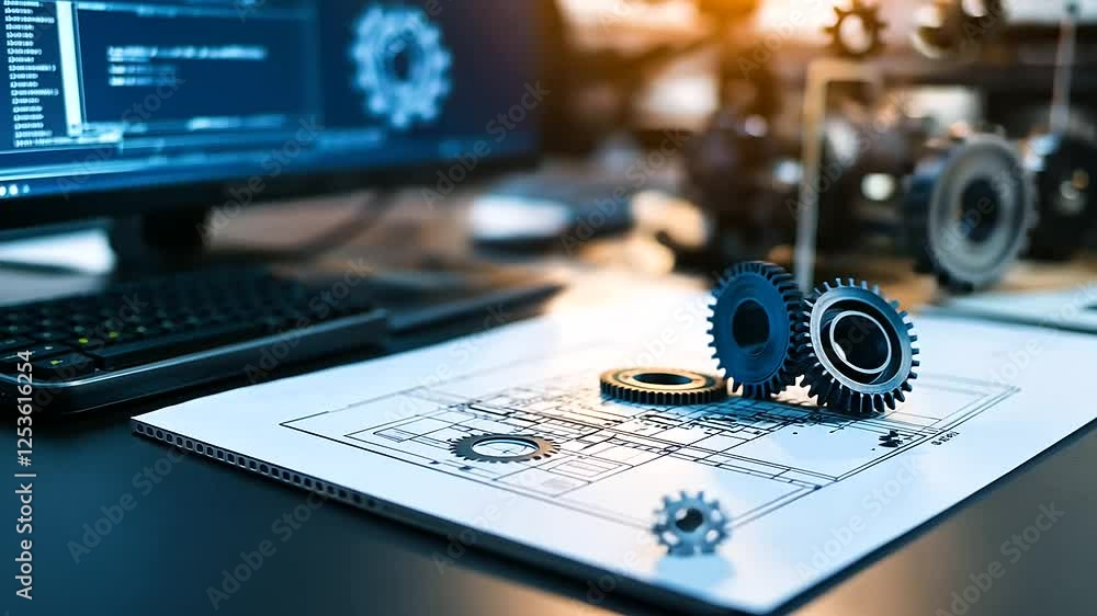 Poster a high-tech mechanical engineering studio where a blueprint of interlocking gears is displayed along