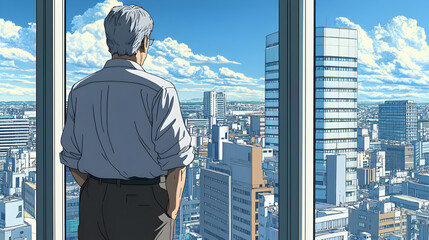 Fototapeta premium Contemplative man overlooking tokyo skyline digital art from elevated viewpoint