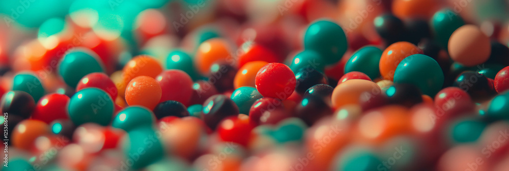 Poster colorful candies scattered on a bright surface creating a vibrant display