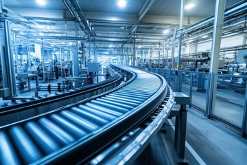 Fototapeta premium Modern Industrial Factory Interior Featuring a Curved Conveyor Belt System in Action