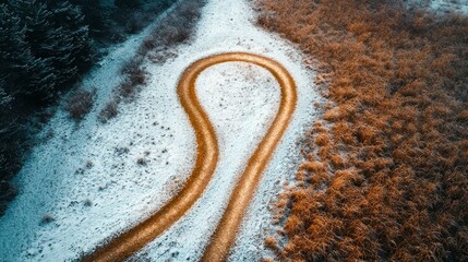 Winding snow-covered road, aerial view, winter landscape, nature background, travel photography