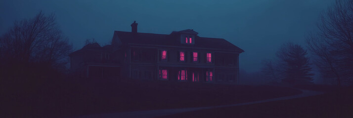 Creepy mansion with boarded windows and eerie shadows during twilight in an abandoned setting