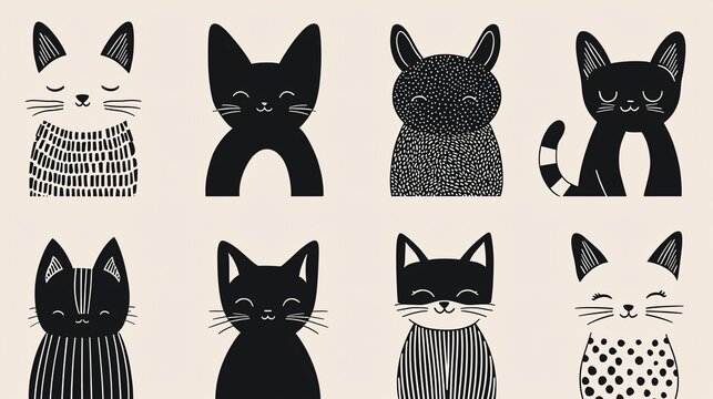 cute black and white cat illustrations for playful home decor