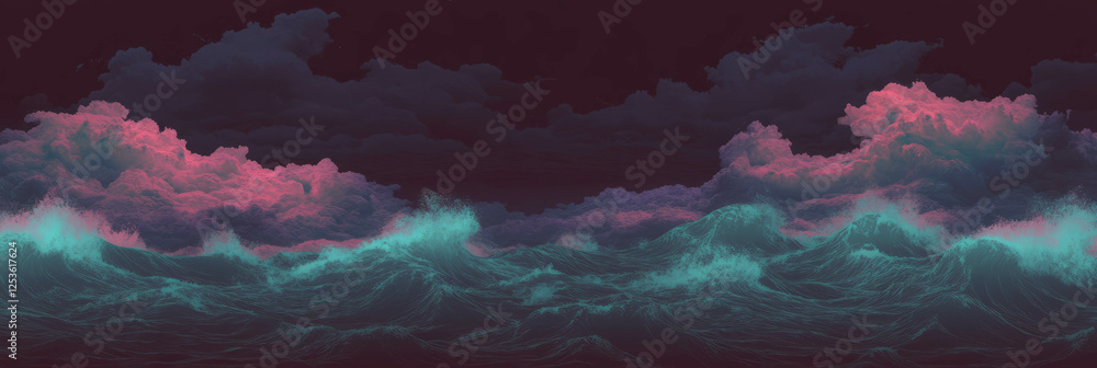 Poster dark storm clouds gather over turbulent waves in a raging sea at twilight