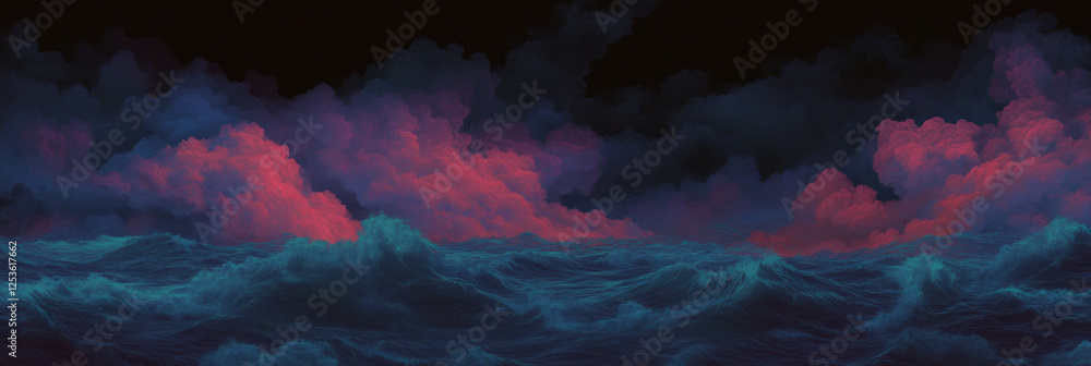 Poster dark stormy sea with crashing waves under ominous clouds at twilight hour