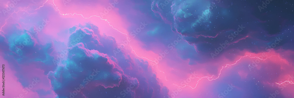 Poster Dark stormy sky with lightning illuminating heavy clouds during a tempestuous evening