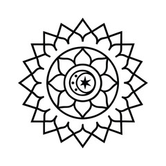 a vector illustration of a Intricate mandala with crescent moon and twinkling stars traditional Islamic pattern on white