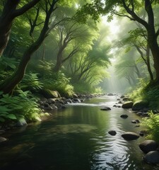 Fototapeta premium Water flows through a serene forest, surrounded by trees with leaves of various shades of green , river, foliage
