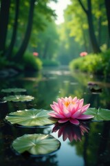 Water lilies float on the surface of the peaceful forest river, scenery, water, water
