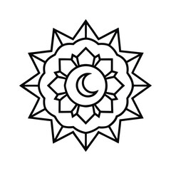  a vector illustration of a Intricate mandala with crescent moon and twinkling stars traditional Islamic pattern on white