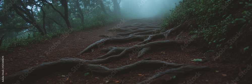 Poster Eerie forest path with twisted roots and mysterious fog creating a haunting atmosphere