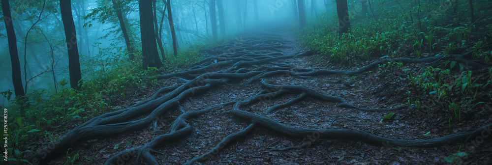 Poster Eerie forest path winding through fog with twisted roots and shadowy trees