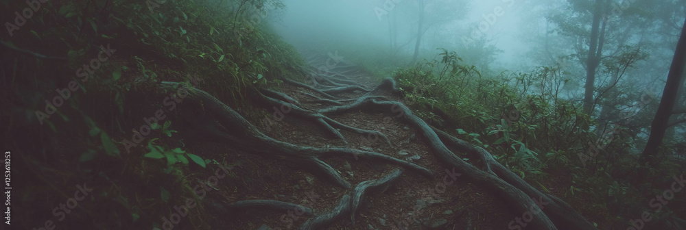 Poster Eerie forest path shrouded in fog with twisted roots leading into the unknown