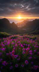 Fototapeta premium Sunrise Over Madeira Valley: Purple Flowers & Mountain Majesty | Breathtaking Landscape Photo