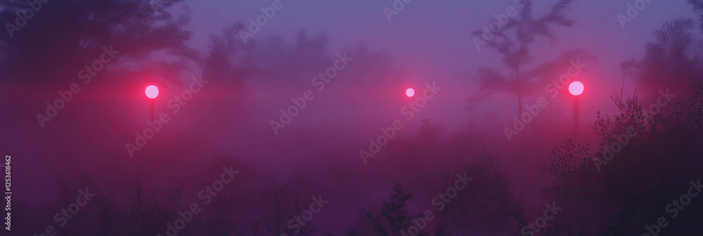 Poster faint red flickers illuminate a misty landscape at twilight in a serene setting