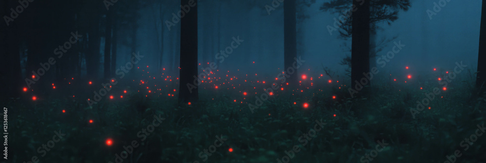 Poster faint red flickers illuminate a mysterious forest at dusk