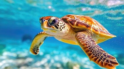 Obraz premium Green sea turtle swimming through clear blue tropical ocean water near a coral reef.